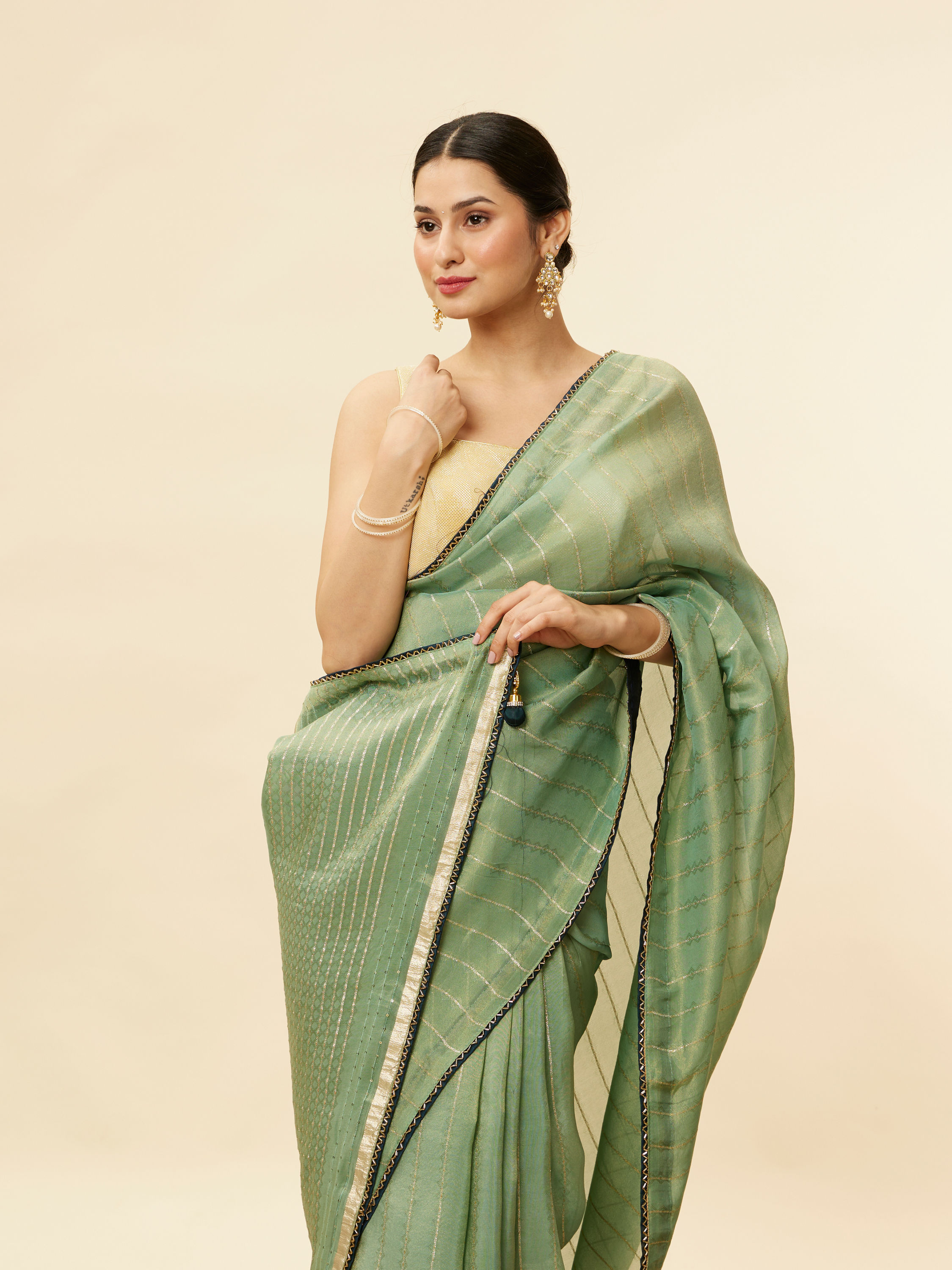 Mohey Women Forest Green Zari Striped Saree