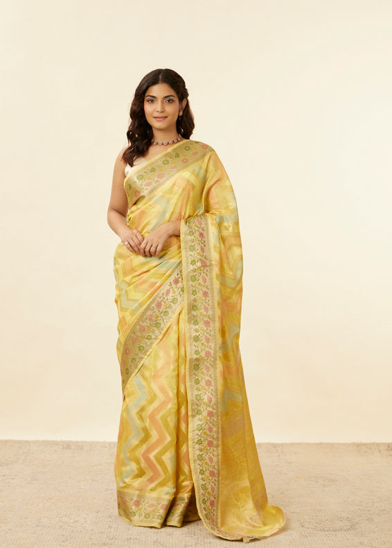 Mohey Women Daisy Yellow Chevron Patterned Zari Work Saree