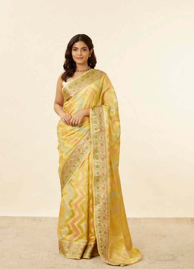 Mohey Women Daisy Yellow Chevron Patterned Zari Work Saree