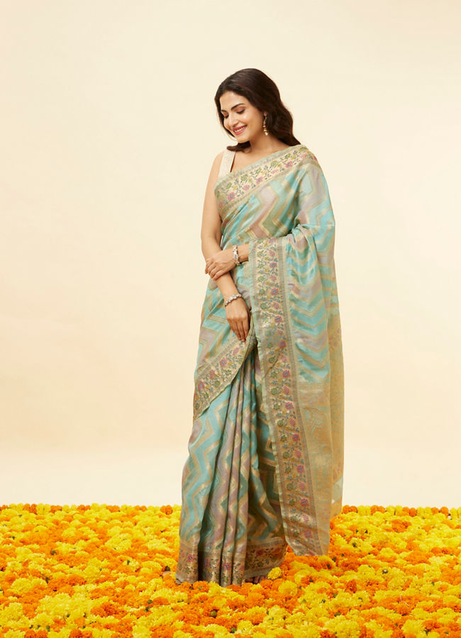 Mohey Women Sea Green and Blue Chevron Patterned Saree