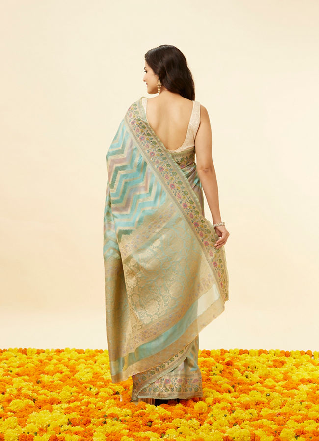 Mohey Women Sea Green and Blue Chevron Patterned Saree