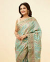 Mohey Women Sea Green and Blue Chevron Patterned Saree