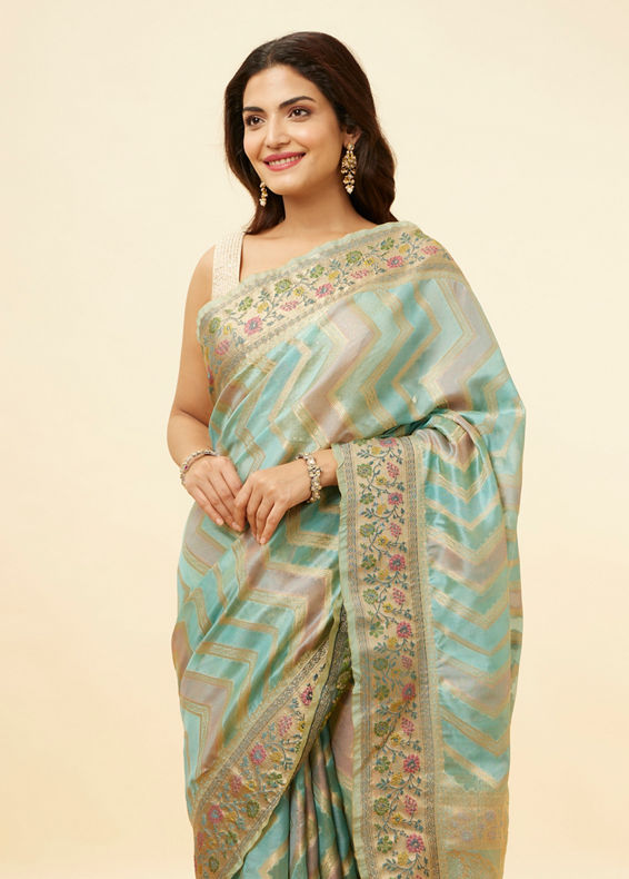 Mohey Women Sea Green and Blue Chevron Patterned Saree