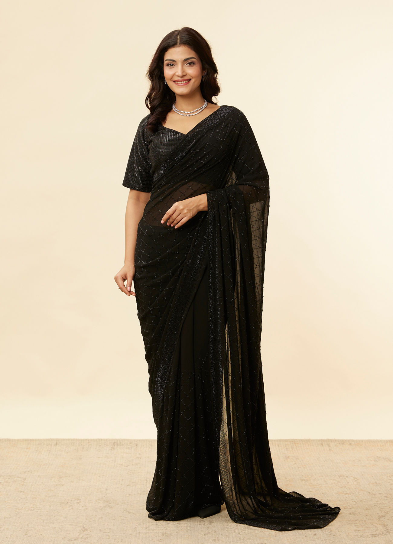 Mohey Women Kohl Black Lattice Patterned Stone Work Saree