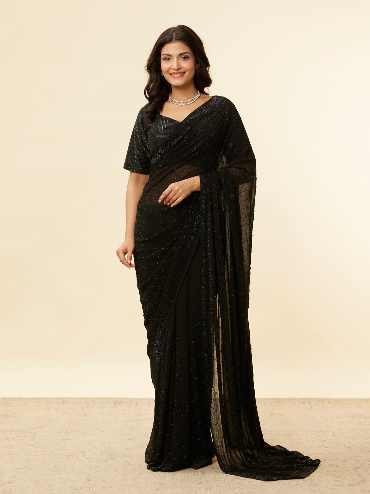 Mohey Women Kohl Black Lattice Patterned Stone Work Saree