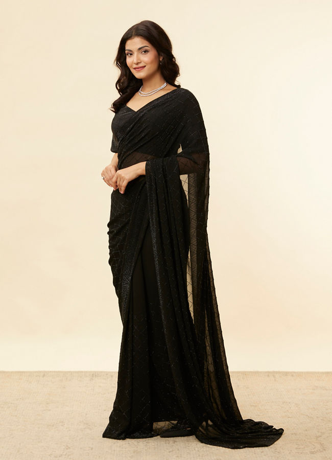 Mohey Women Kohl Black Lattice Patterned Stone Work Saree