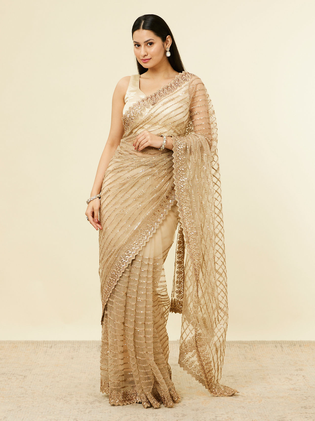 Fawn Sequinned Saree image number 0