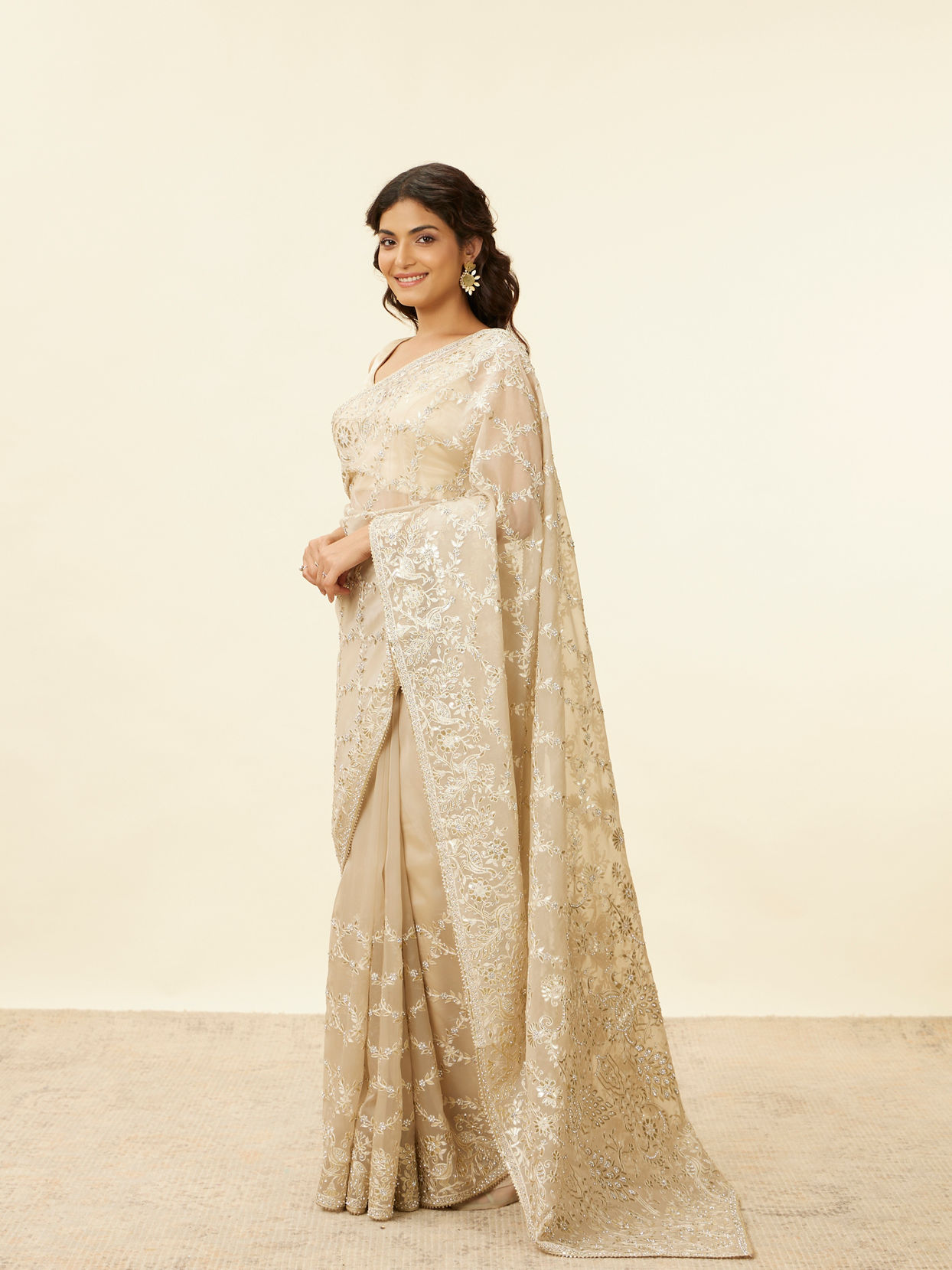 Light Beige Bagh Embroidered Stone Work Saree image number 3