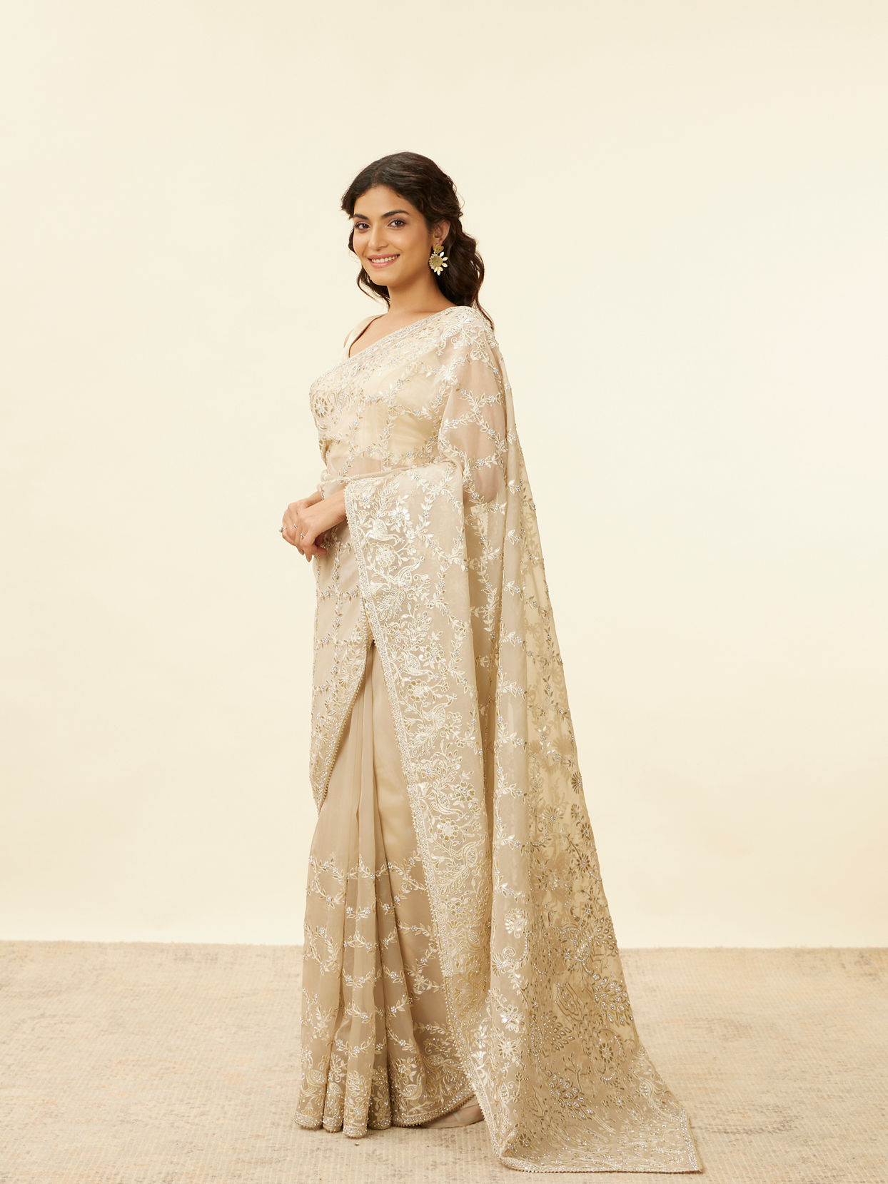 Mohey Women Light Beige Bagh Embroidered Stone Work Saree