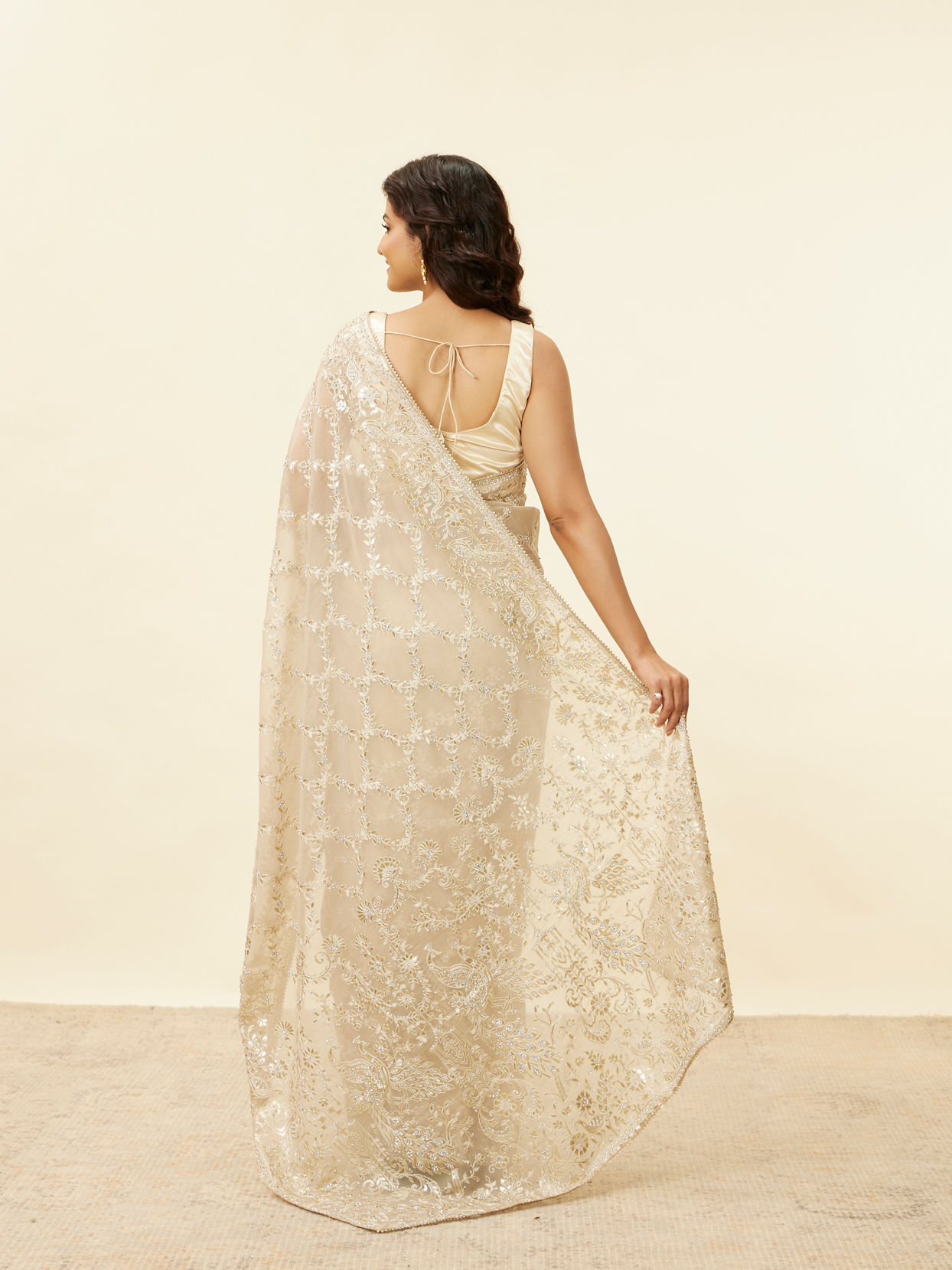 Light Beige Bagh Embroidered Stone Work Saree image number 2