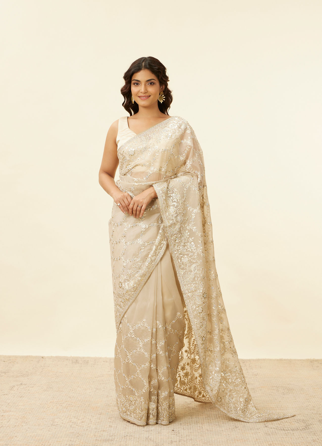 Mohey Women Light Beige Bagh Embroidered Stone Work Saree