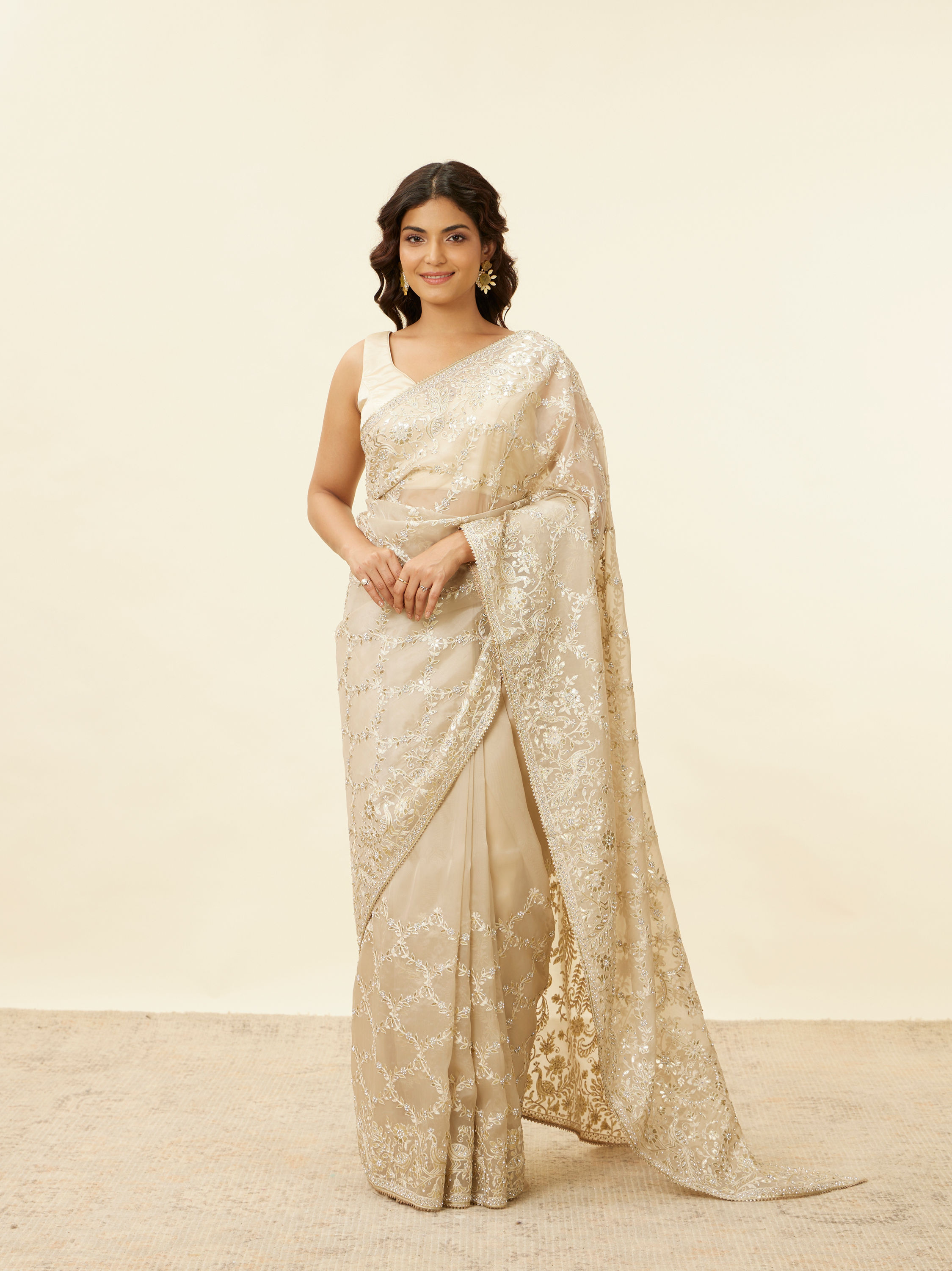 Mohey Women Light Beige Bagh Embroidered Stone Work Saree