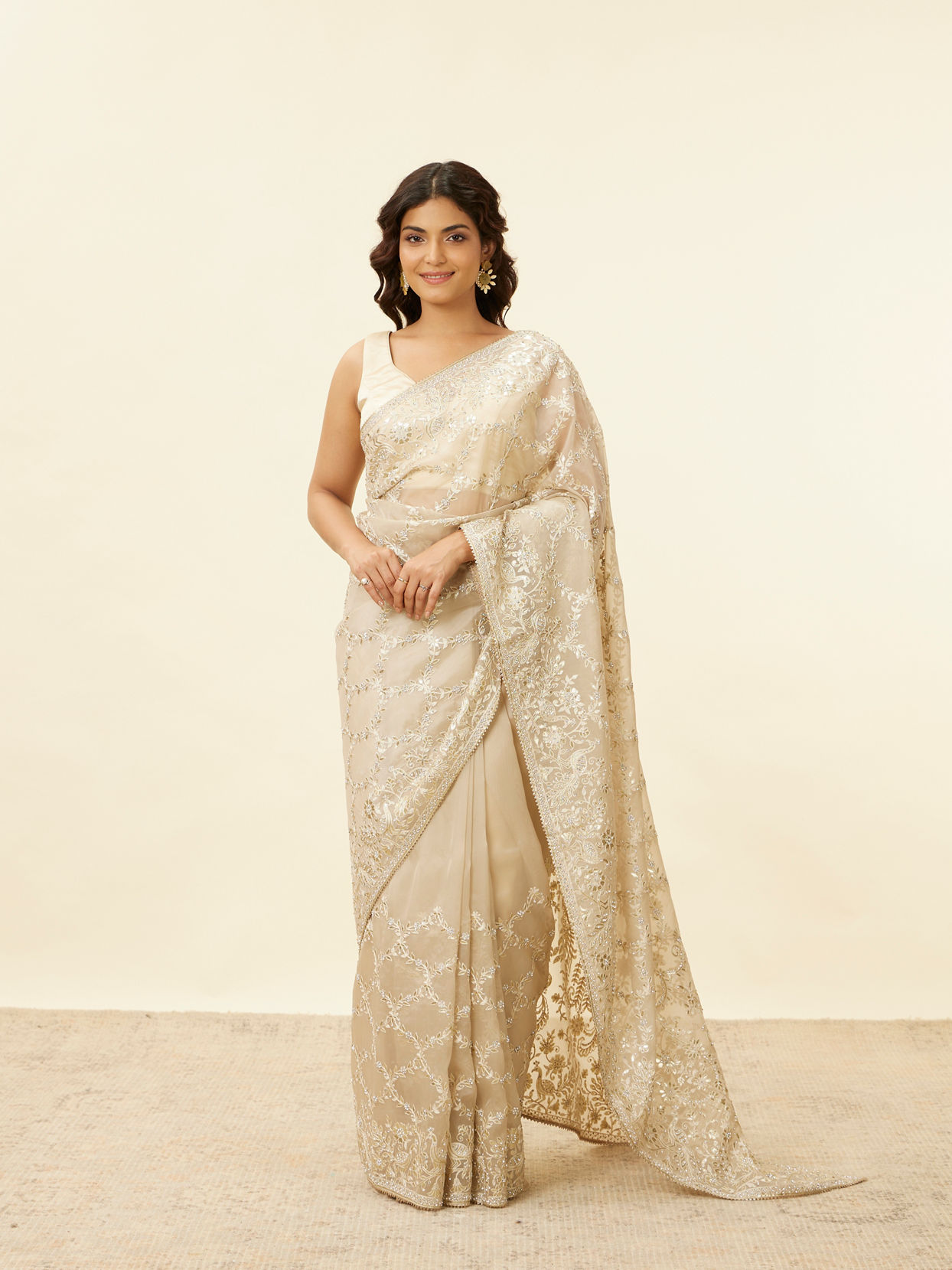 Mohey Women Light Beige Bagh Embroidered Stone Work Saree