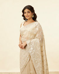 Mohey Women Light Beige Bagh Embroidered Stone Work Saree