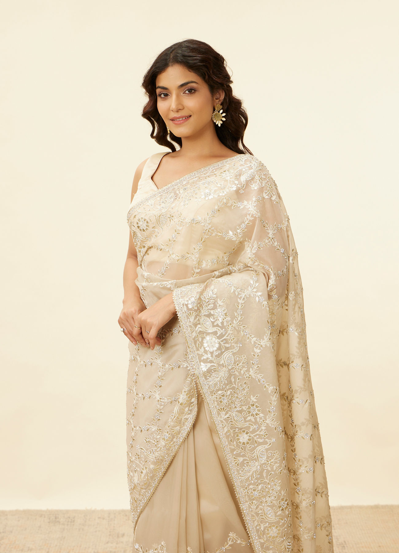 Mohey Women Light Beige Bagh Embroidered Stone Work Saree