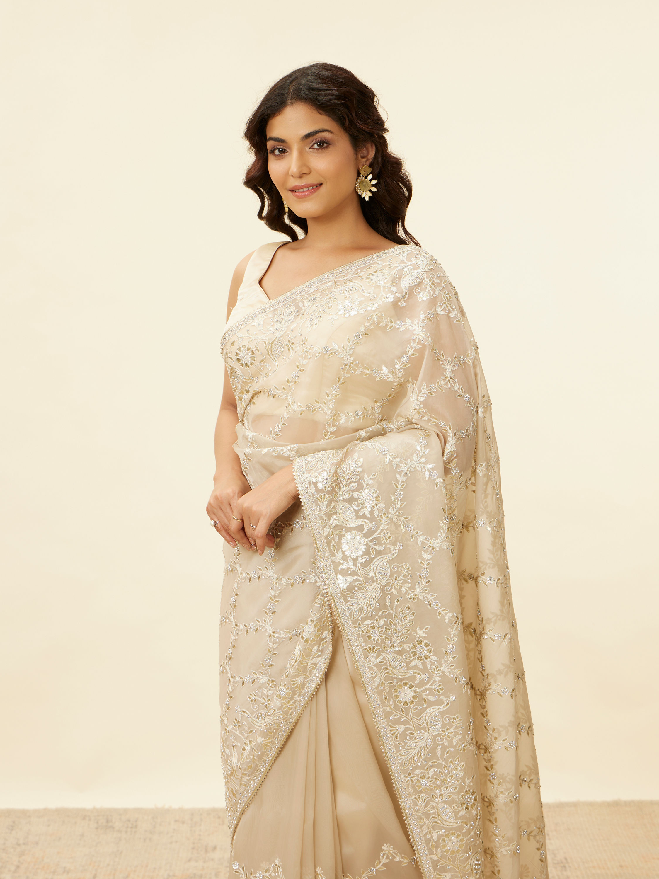 Mohey Women Light Beige Bagh Embroidered Stone Work Saree