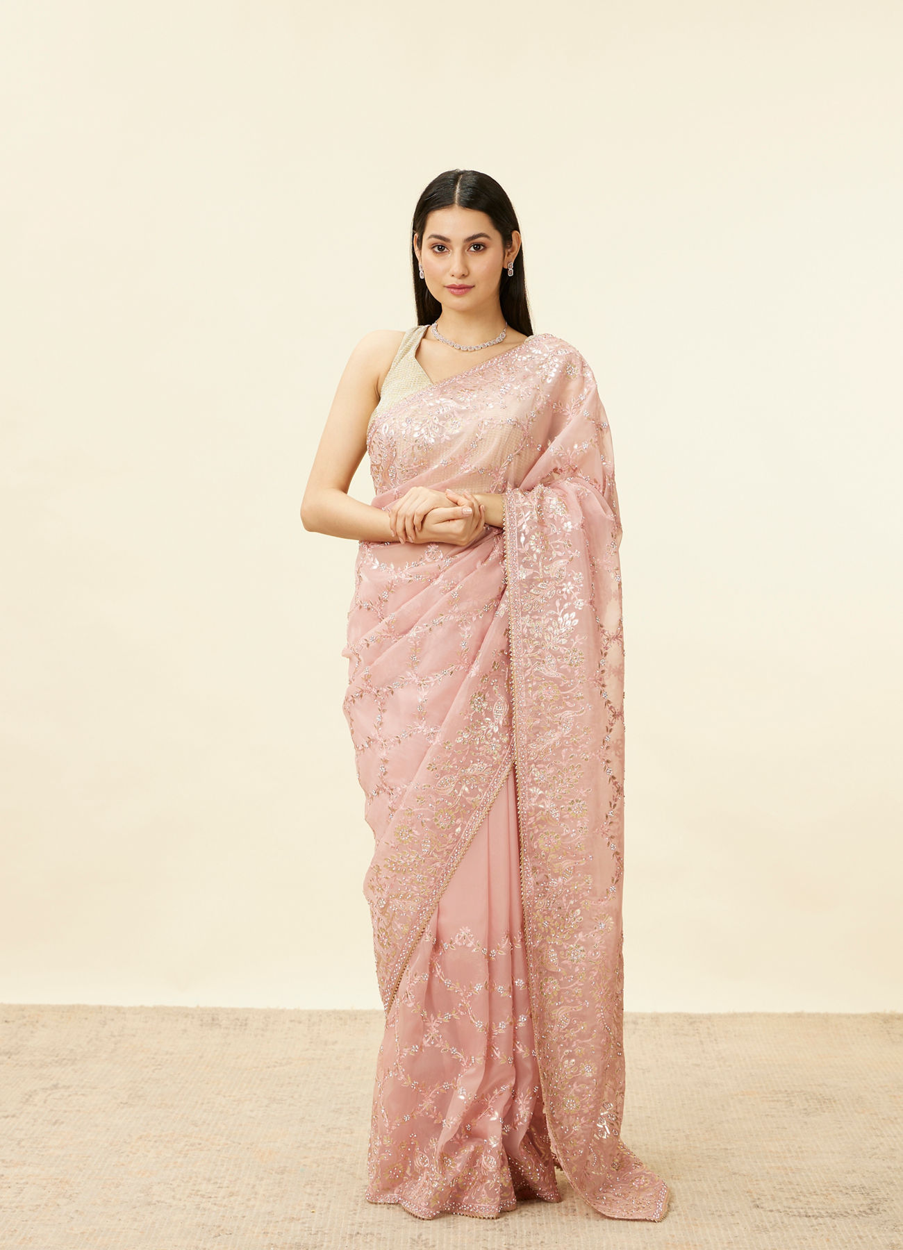 Mohey Women Soft Pink Bagh Embroidered Stone Work Saree