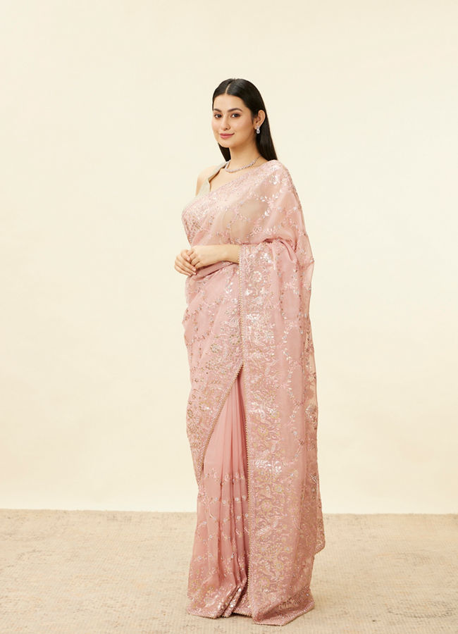 Mohey Women Soft Pink Bagh Embroidered Stone Work Saree