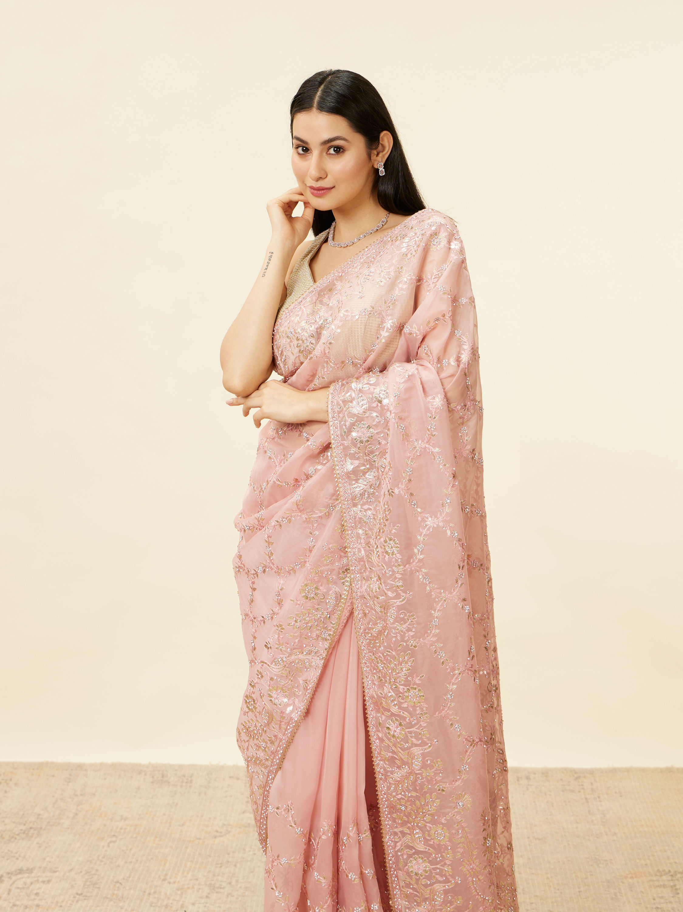 Mohey Women Soft Pink Bagh Embroidered Stone Work Saree