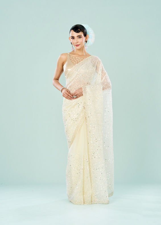 Mohey Women Cream Organza Splendor Saree