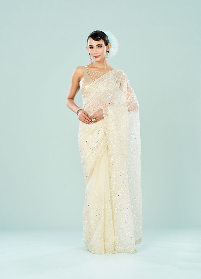 Mohey Women Cream Organza Splendor Saree