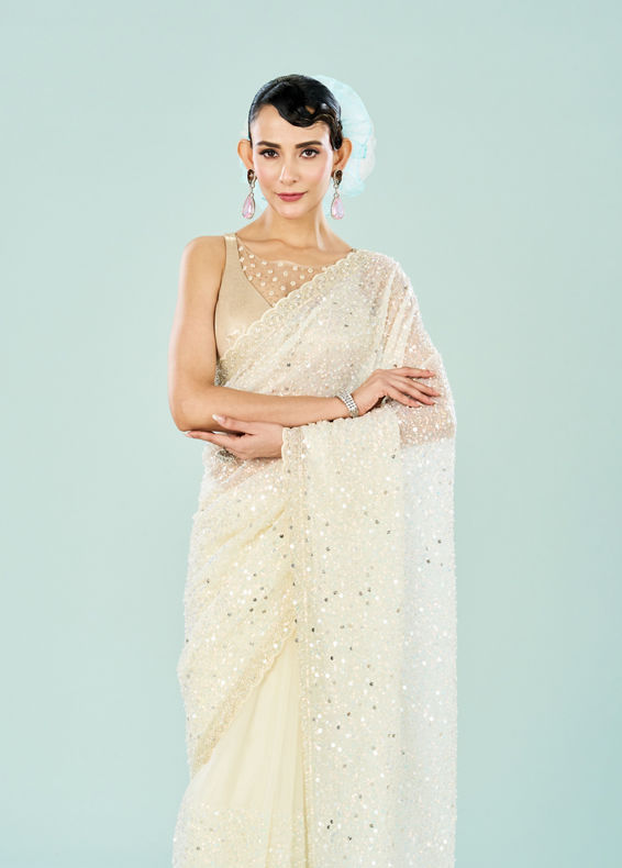 Mohey Women Cream Organza Splendor Saree