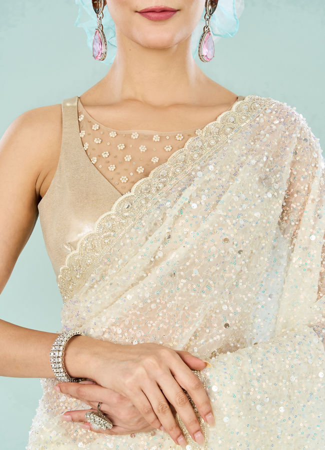 Mohey Women Cream Organza Splendor Saree