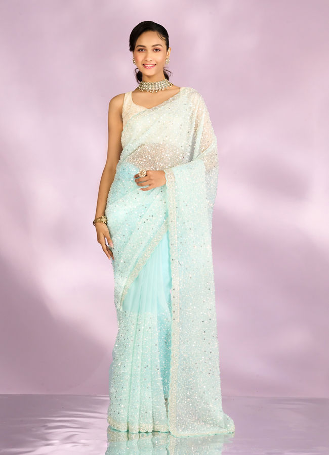 Mohey Women Iridescent Light Blue Organza Saree