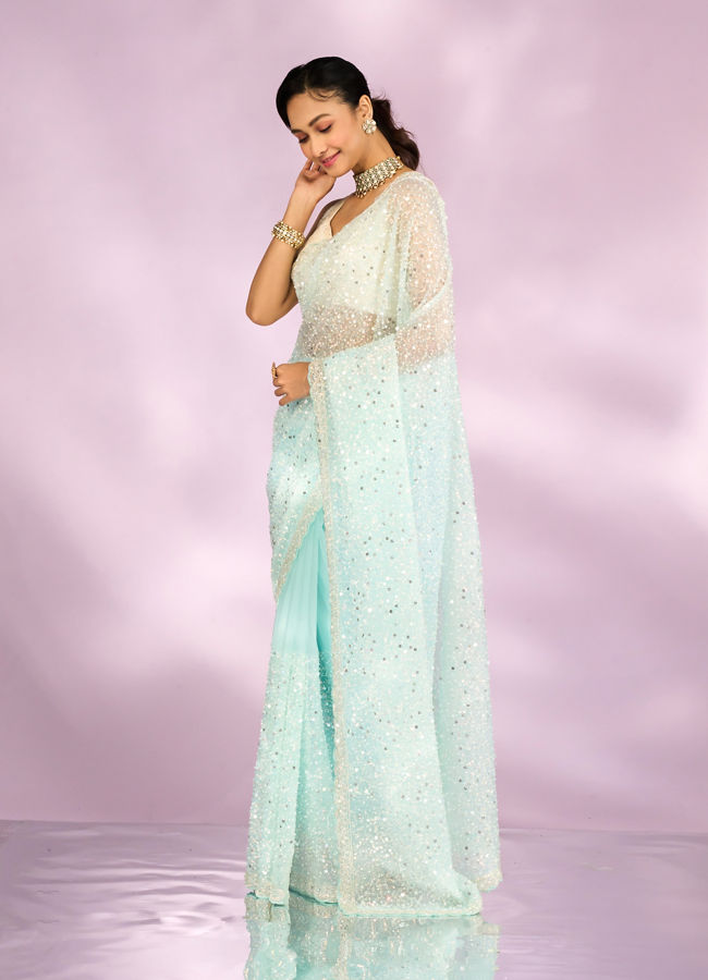 Mohey Women Iridescent Light Blue Organza Saree