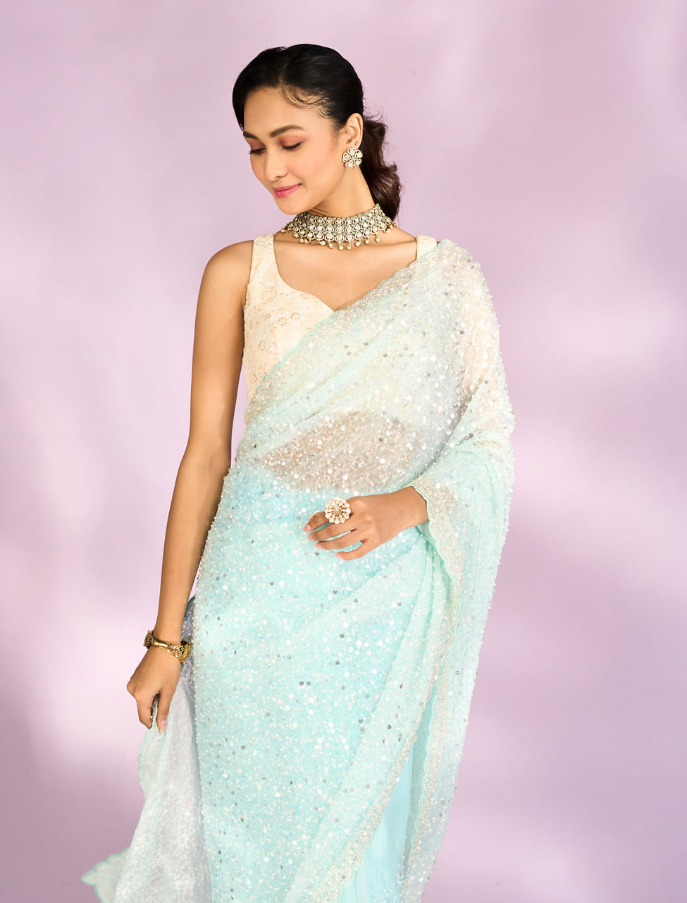 Mohey Women Iridescent Light Blue Organza Saree