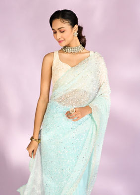 Mohey Women Iridescent Light Blue Organza Saree