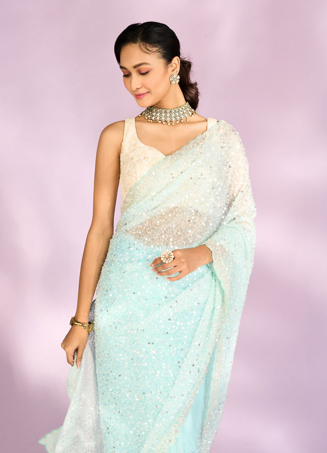 Mohey Women Iridescent Light Blue Organza Saree