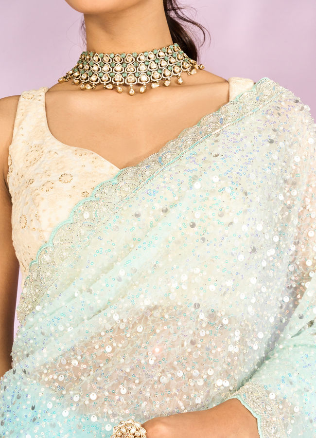 Mohey Women Iridescent Light Blue Organza Saree