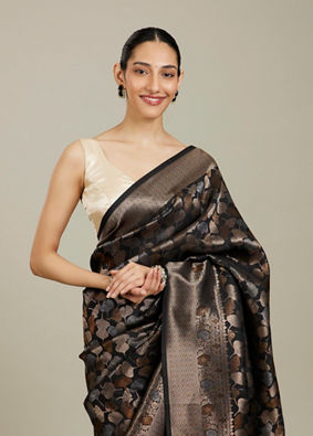 Mohey Women Midnight Black Lotus Leaf Patterned Saree