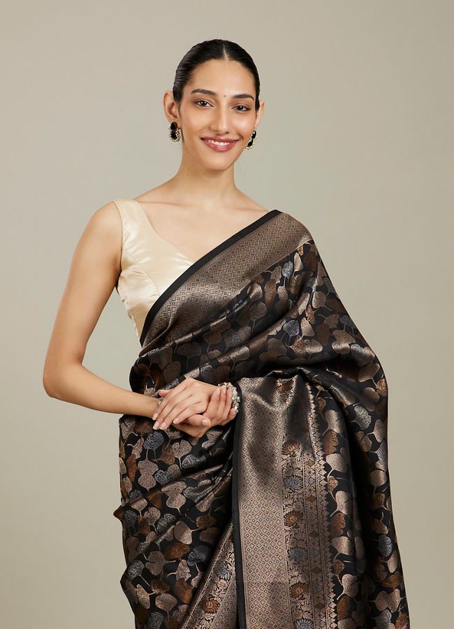 Mohey Women Midnight Black Lotus Leaf Patterned Saree image number 1