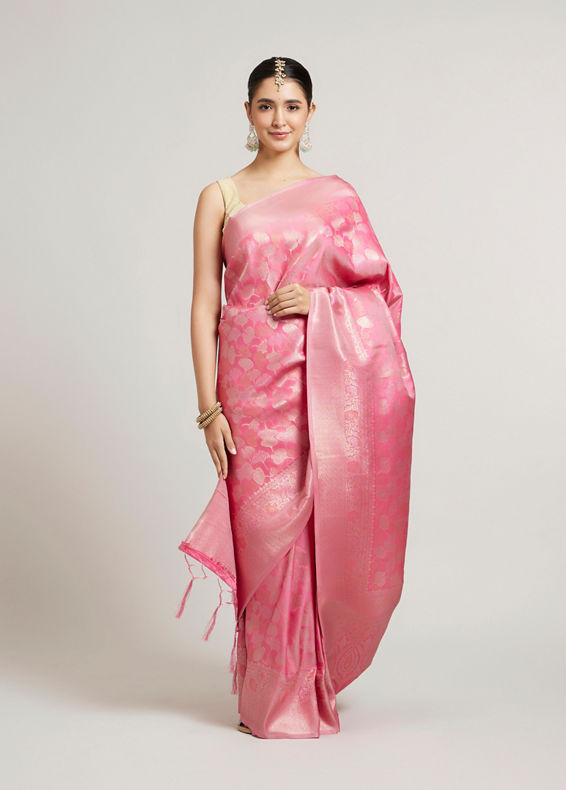 Mohey Women Bubblegum Pink Leaf Patterned Saree