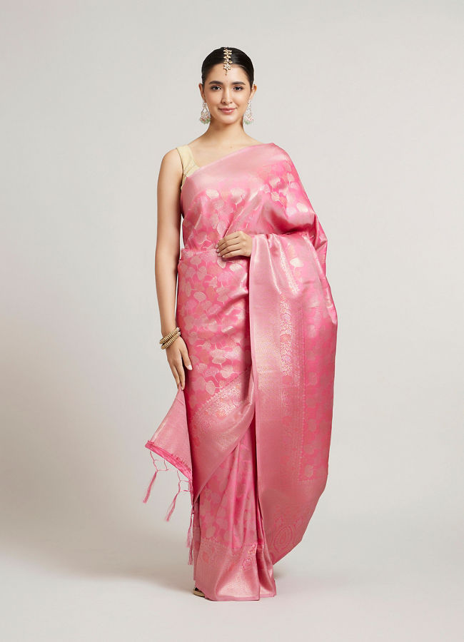 Mohey Women Bubblegum Pink Leaf Patterned Saree