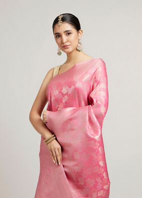 Mohey Women Bubblegum Pink Leaf Patterned Saree