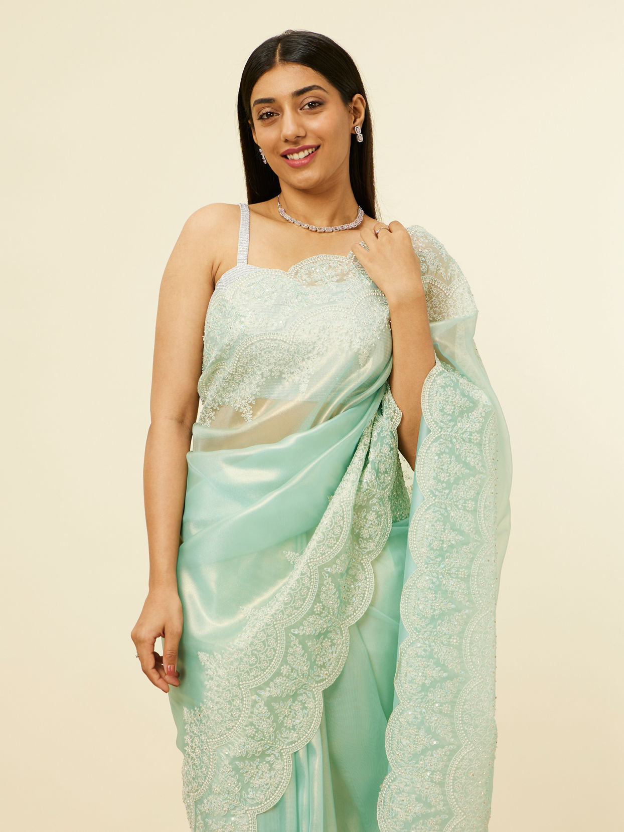 alt message - Mohey Women Light Blue Stone Embellished Saree image number 1