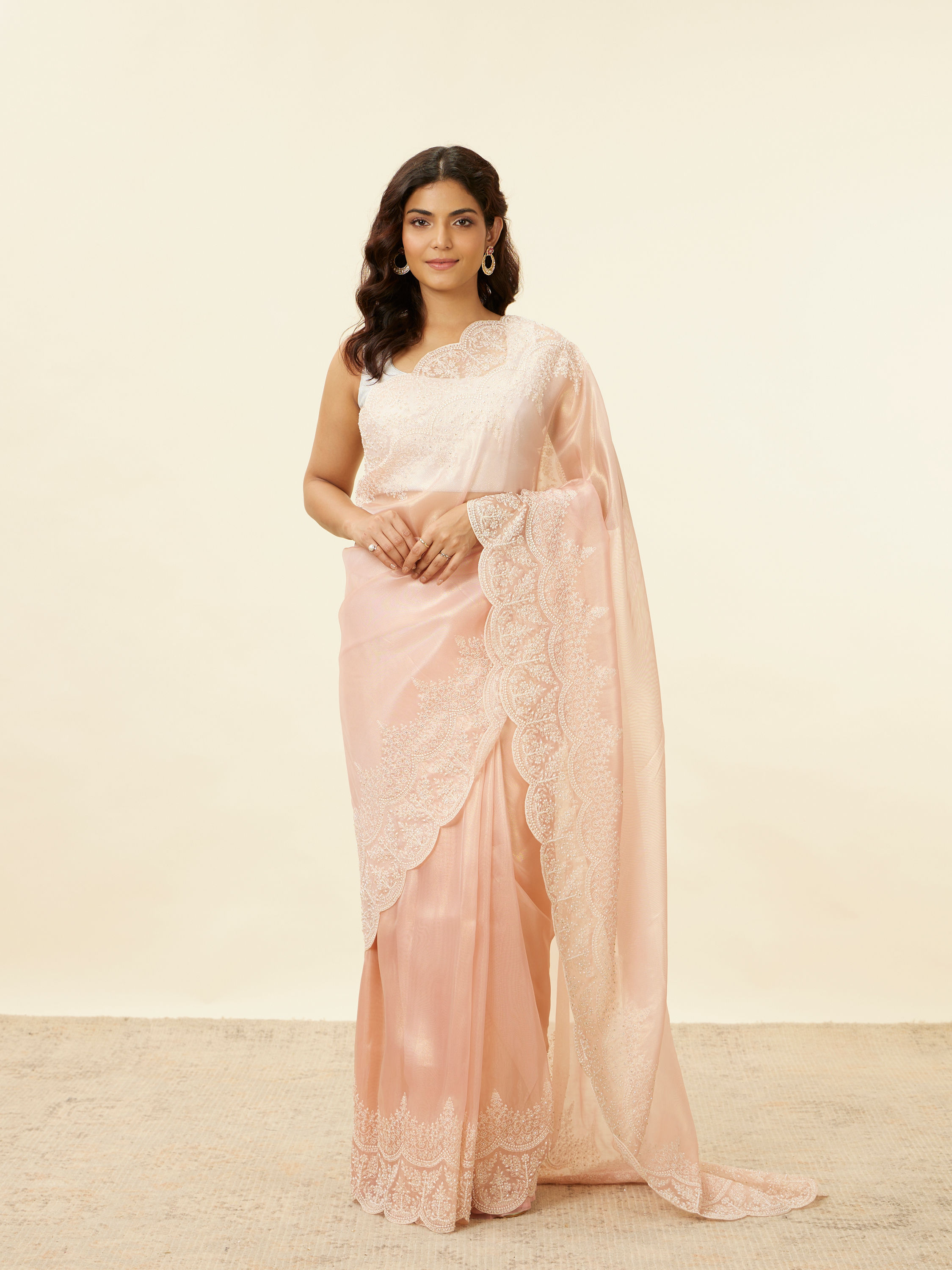 Mohey Women Blush Pink Stone Embellished Saree