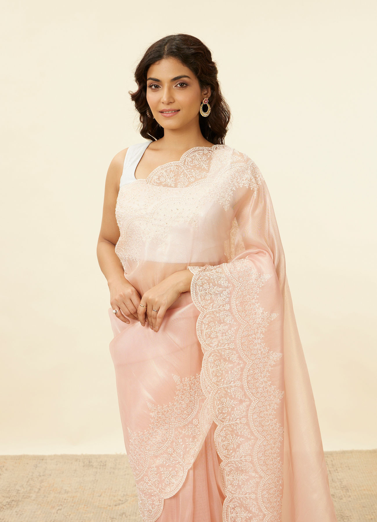 Mohey Women Blush Pink Stone Embellished Saree