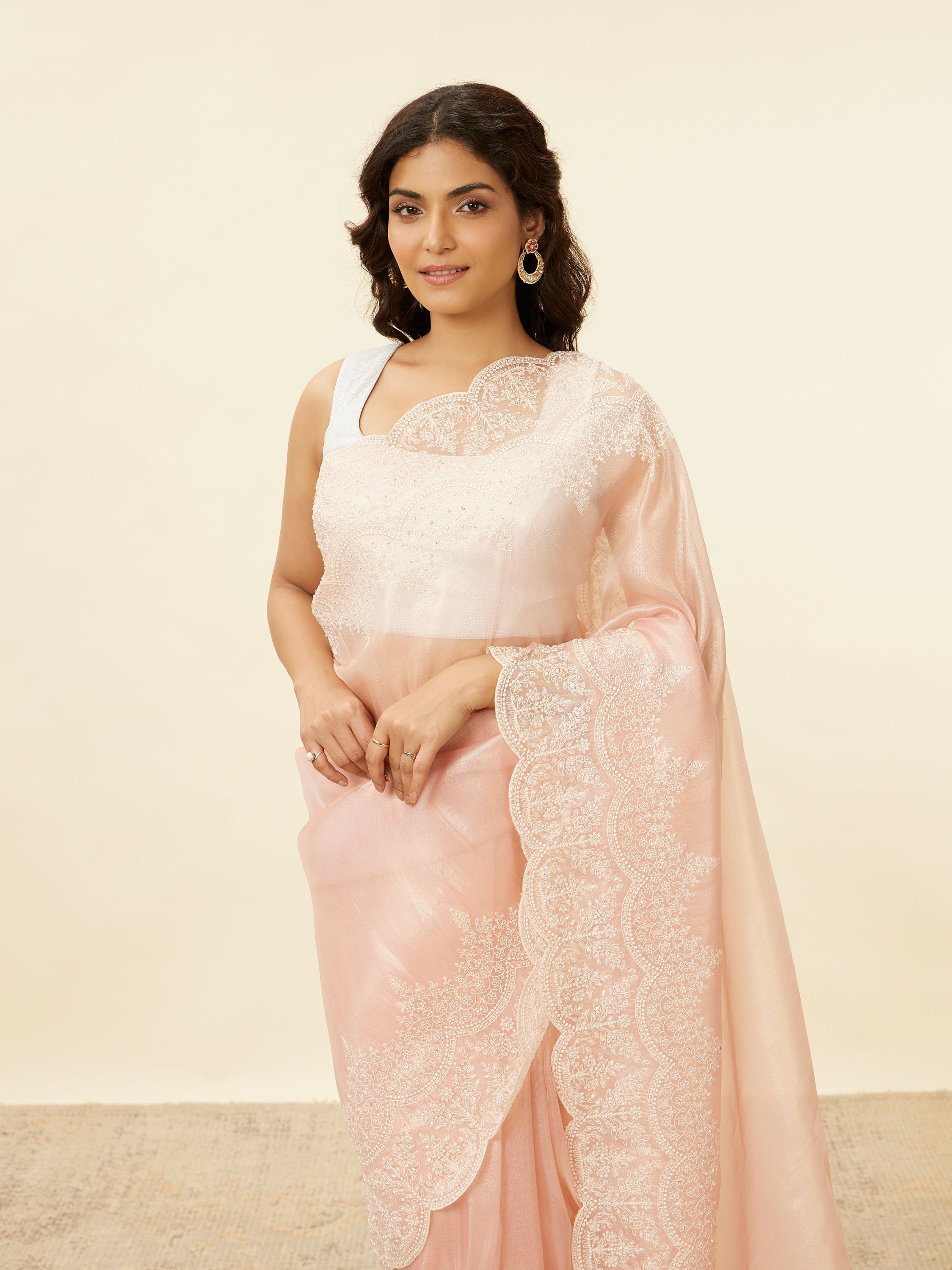 Mohey Women Blush Pink Stone Embellished Saree