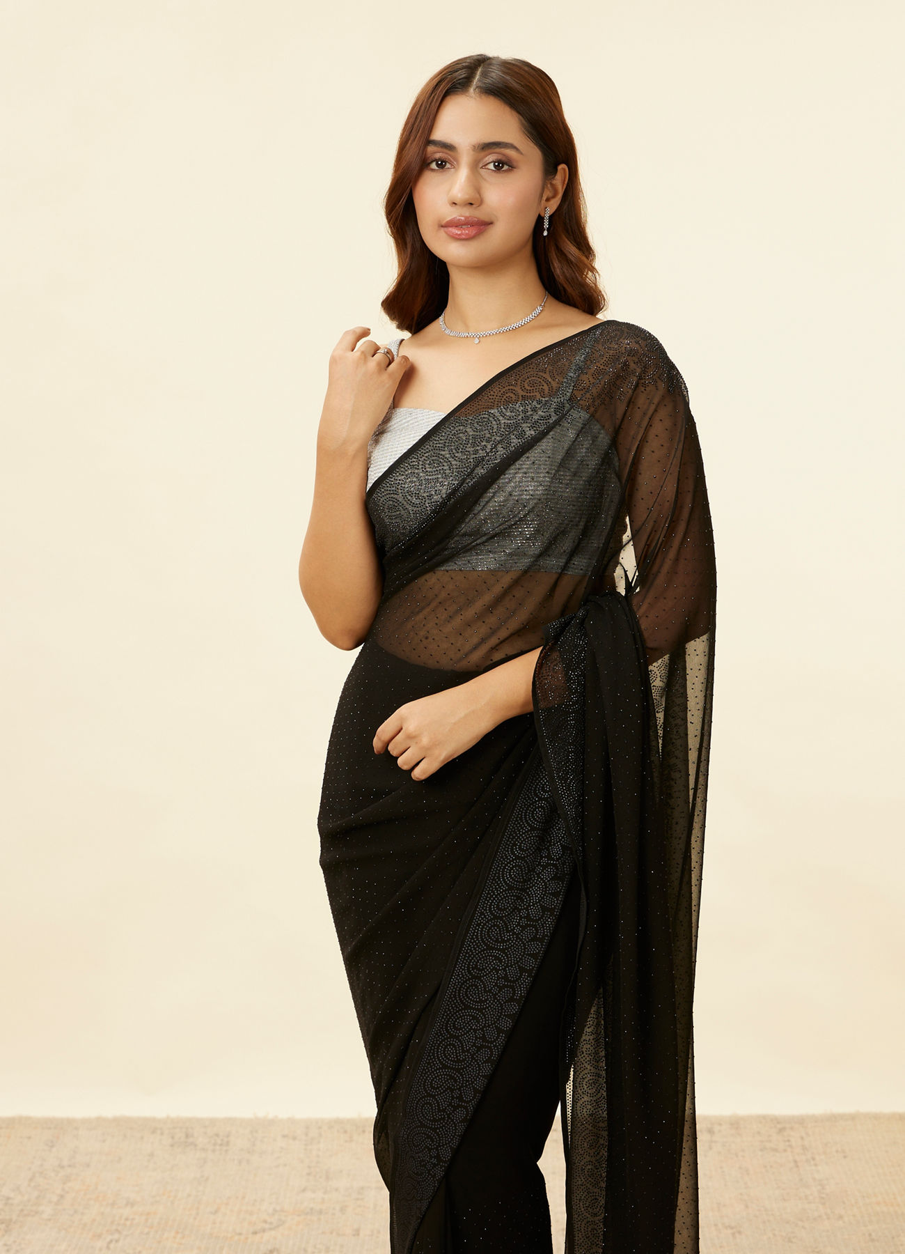 Mohey Women Onyx Black Stone Embellished Saree