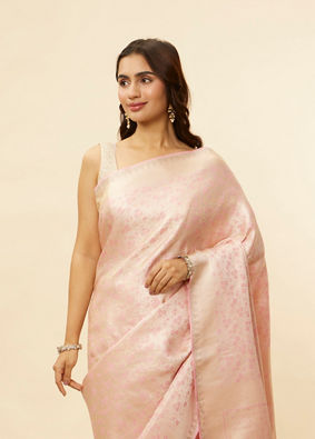 alt message - Mohey Women Cherry Blossom Pink Floral Patterned Zari Work Saree image number 1