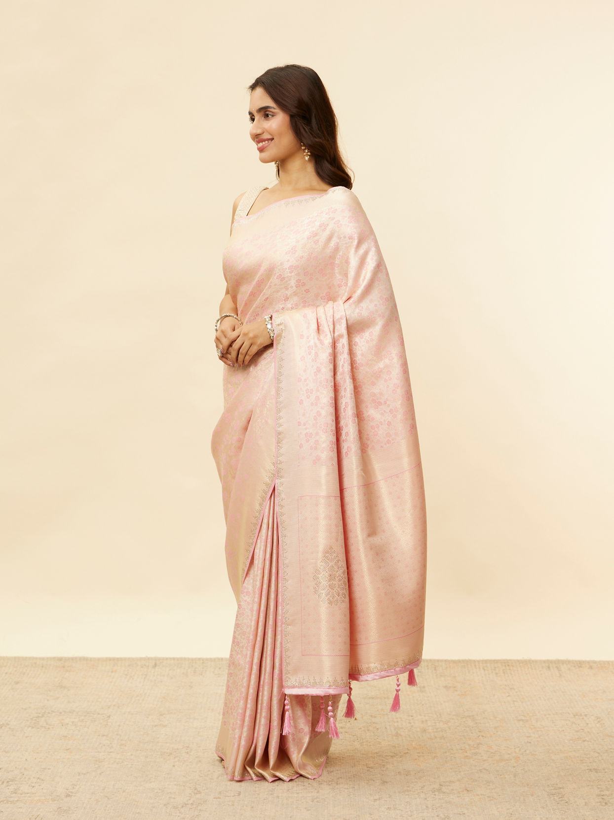 Mustard Semi-Tussar Saree Subtly Woven With Floral Zari Buttas, Featuring a Geometric-Patterned Zari Border, Adorned With a Butta-Enclosed Checked Pallu, and a Matching Blouse main image 0