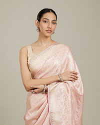 Mohey Women Cherry Blossom Pink Floral Patterned Zari Work Saree