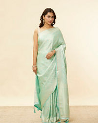Mohey Women Tropical Blue Floral Patterned Zari Work Saree