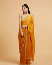 Mohey Women Mustard Yellow Saree with Leaf Patterned Border & Rhinestone Work