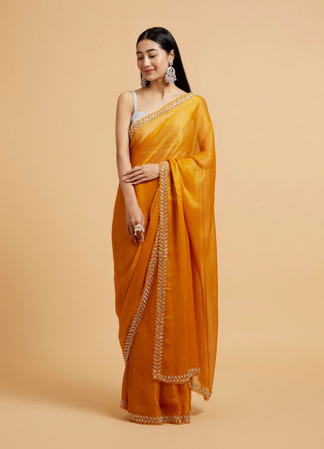 alt message - Mohey Women Dazzling Mustard Yellow Organza Saree image number 0