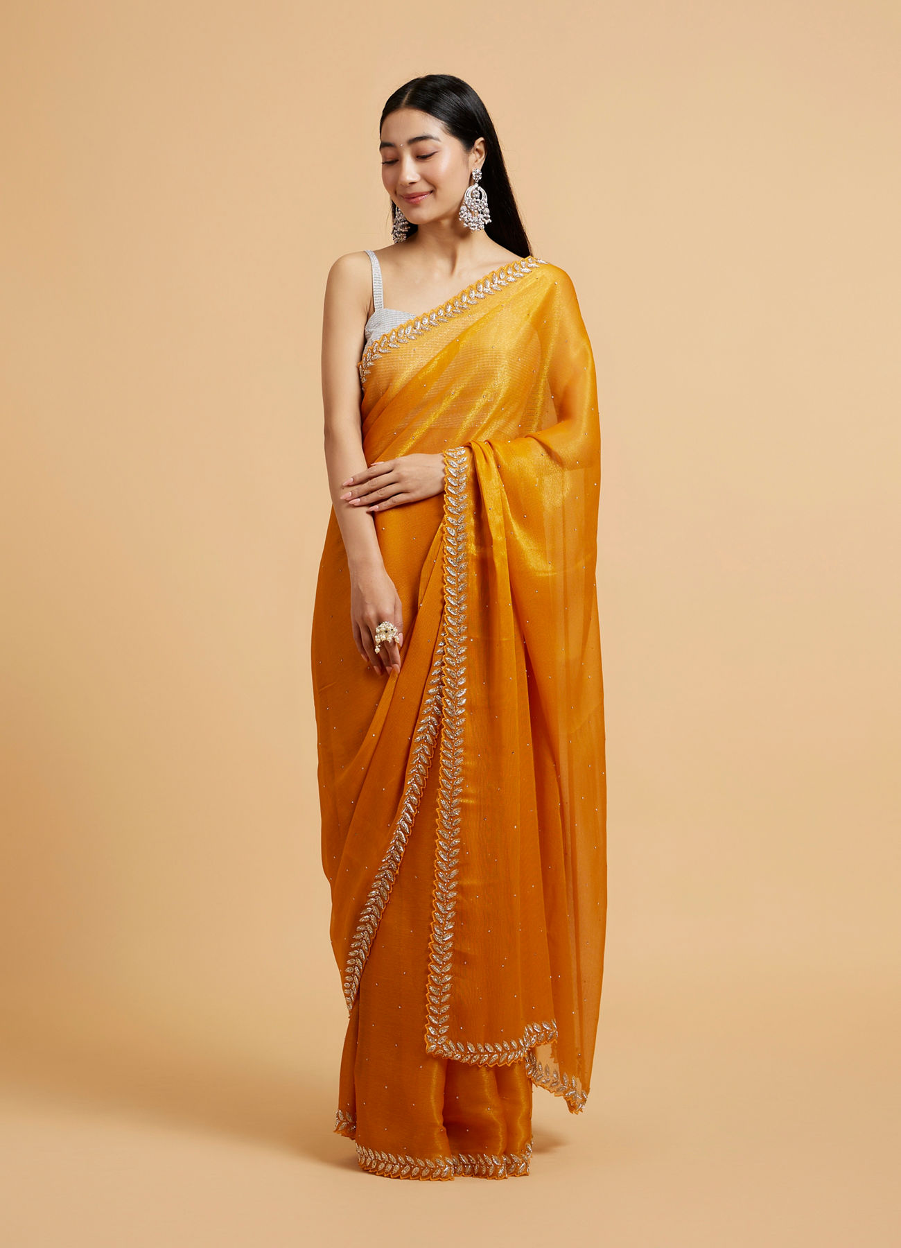 Mohey Women Mustard Yellow Saree with Leaf Patterned Border & Rhinestone Work